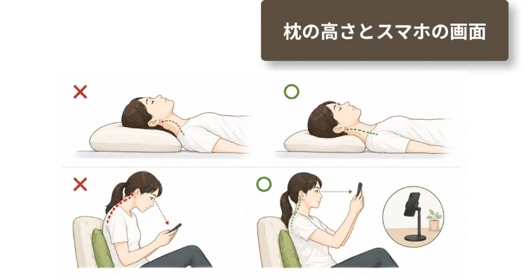 高すぎる枕と低めの枕の比較、スマホを目線の高さに上げて見る姿勢を示した図