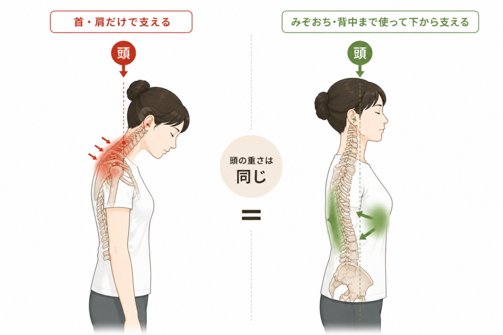 同じ頭の重さを、首・肩だけで抱える支え方と、みぞおち・背中まで使って下から支える支え方を左右で比べた図