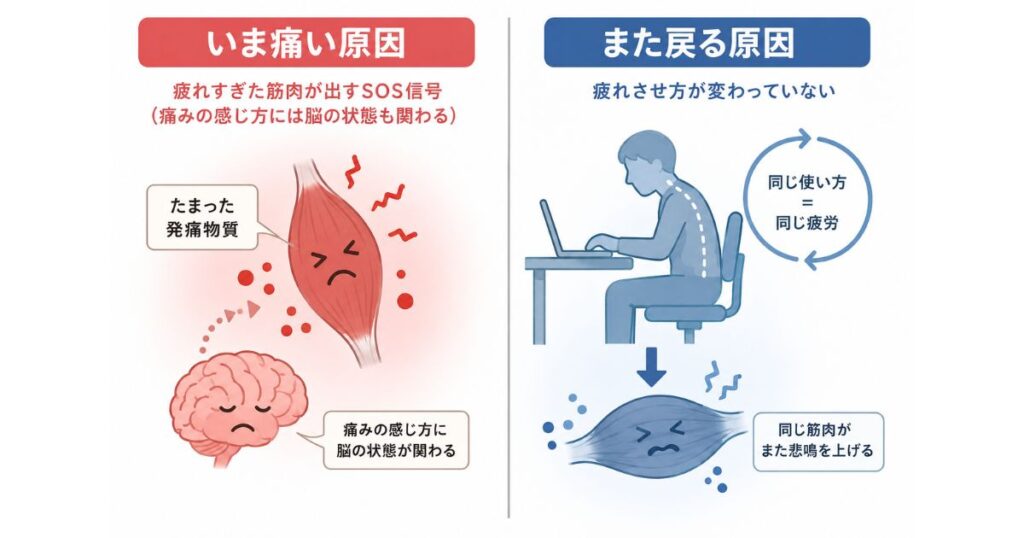いま痛い原因(たまった発痛物質)と、また戻る原因(疲れさせ方)を左右に分けた図