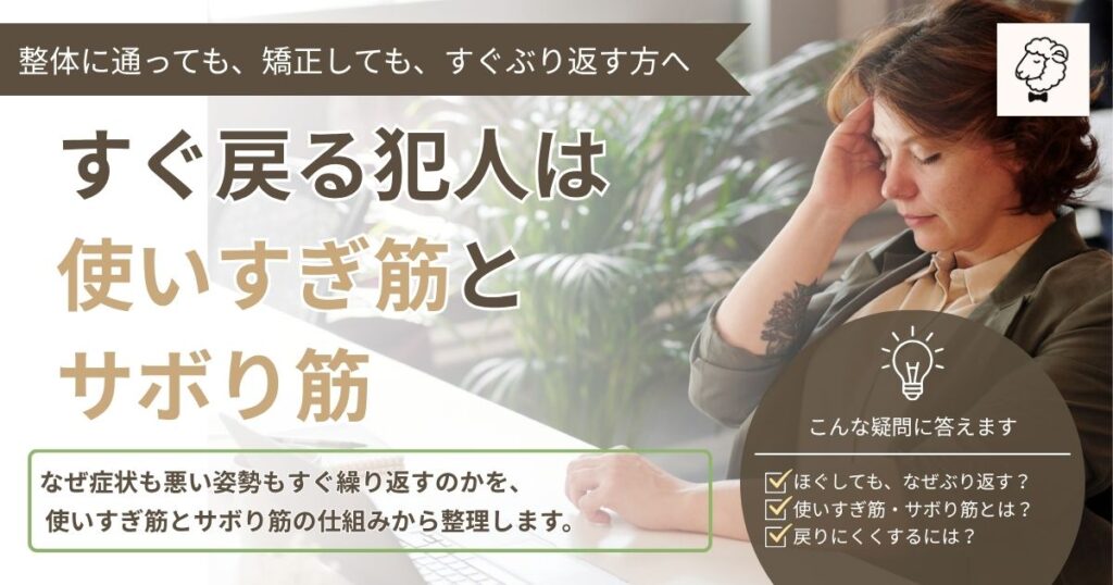 揉んでもほぐしても痛みやこりがすぐぶり返す理由を使いすぎ筋とサボり筋から解説するアイキャッチ画像