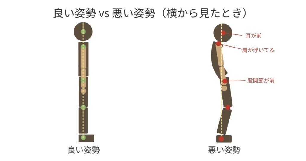 横から見た良い姿勢と悪い姿勢の比較図。良い姿勢は耳・肩・股関節・膝・くるぶしが一直線、悪い姿勢は耳・肩・股関節が前に出ている。